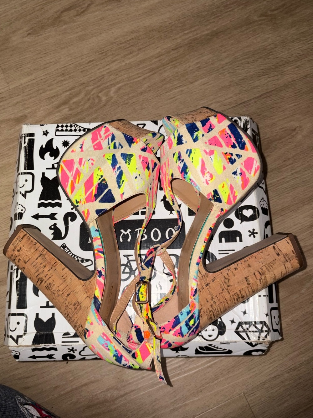 BAMBOO Neon Paint-Splash Cork Platform Sandals